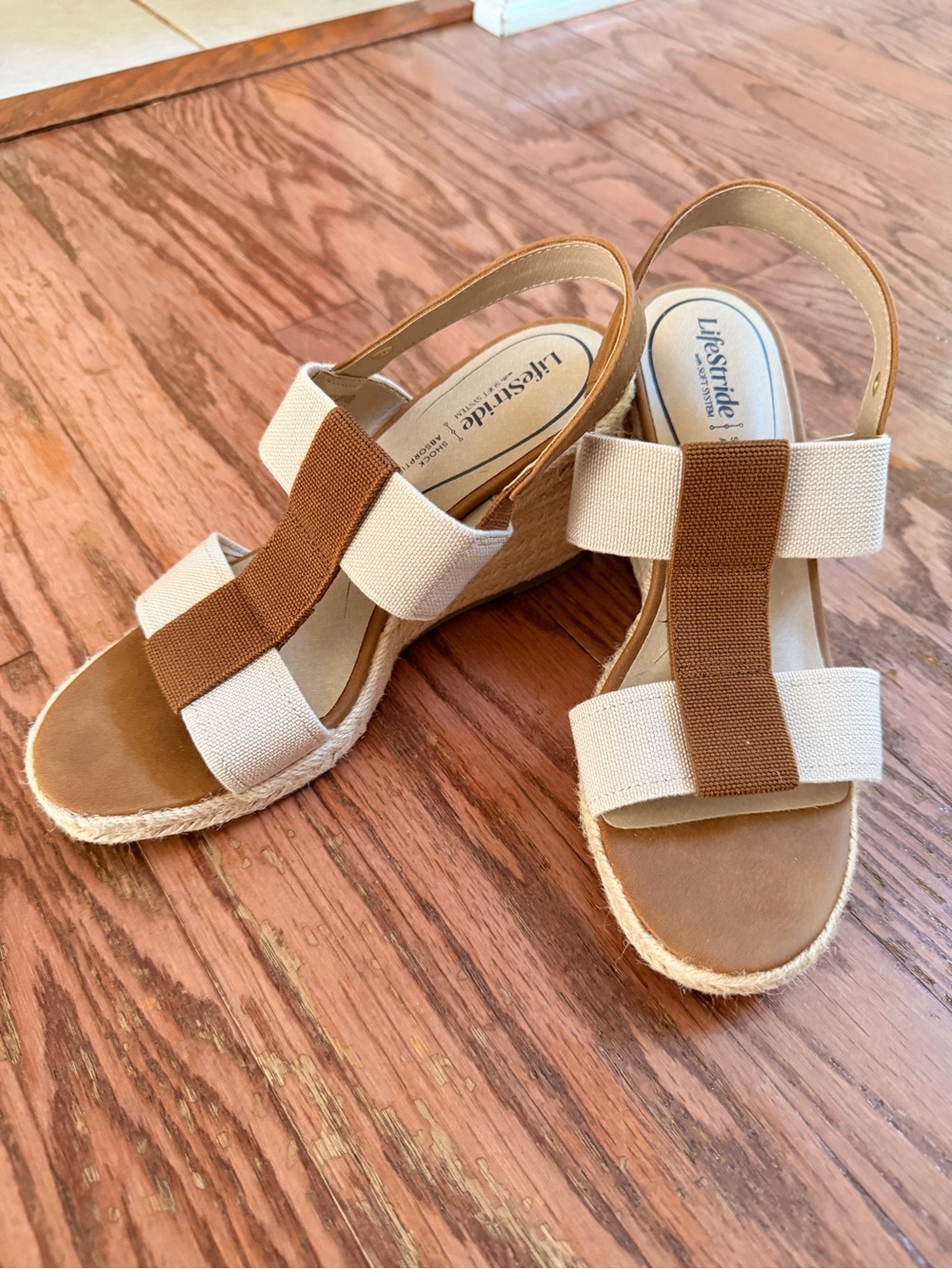Life Stride Two-Tone Beige and Brown Elastic Strap Wedge Sandals